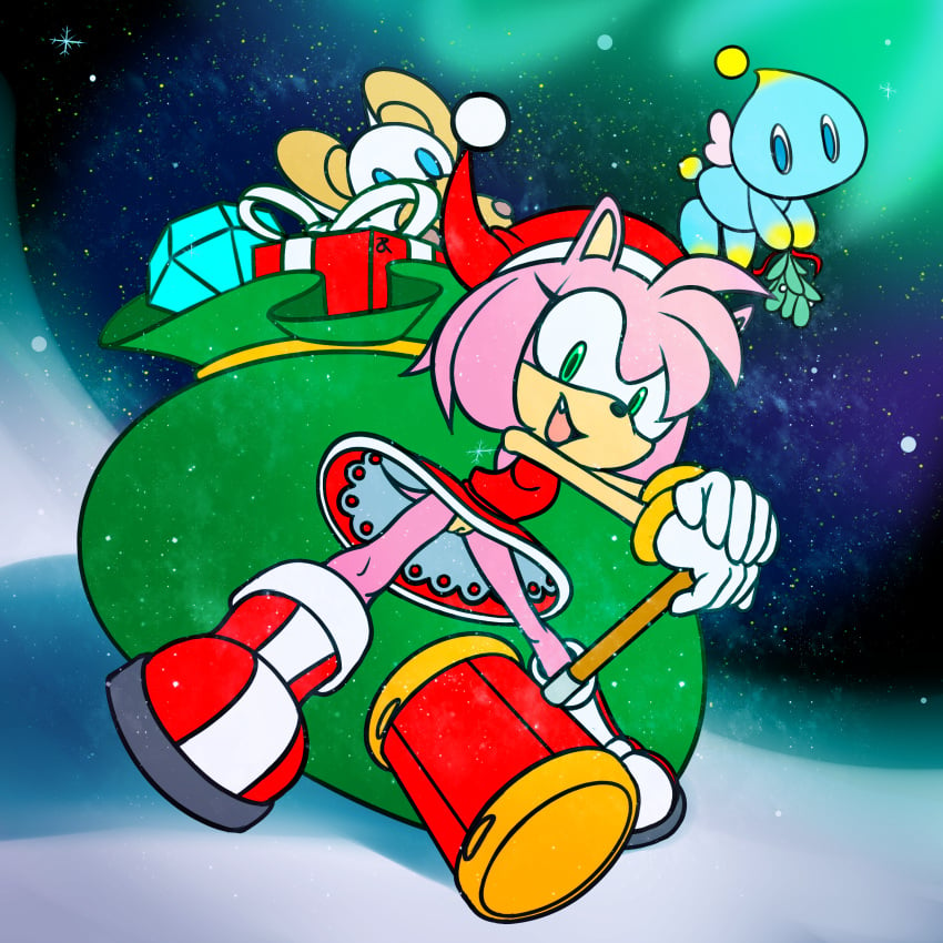 absurd_res amy_rose anthro bag boots bottomless chao_(sonic) chaos_emerald christmas christmas_clothing christmas_headwear clothed clothing dress eulipotyphlan female footwear genitals gift gloves hammer handwear hat headgear headwear hedgehog hi_res holidays mammal mistletoe no_underwear plant pussy rasenxoru santa_hat sega smile snow solo sonic_(series) sonic_the_hedgehog_(series) tools upskirt