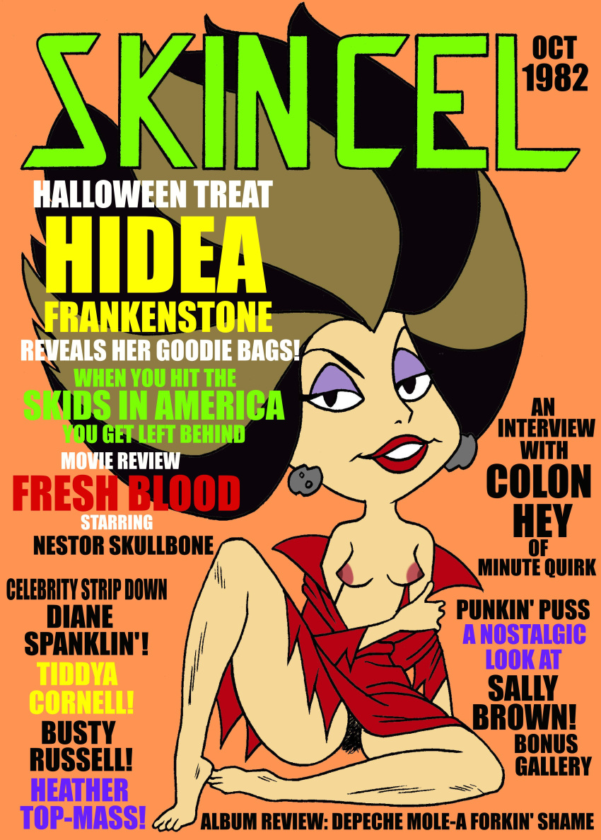 2021 black_hair brown_hair clothes_down earrings english_text eyeshadow female hanna-barbera hidea_frankenstone large_breasts multicolored_hair nipples pubic_hair sitting solo the_flintstones the_frankenstones toonytease unshaved_pussy year