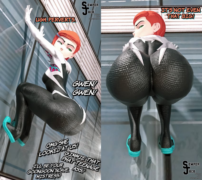 1girls 3d 3d_(artwork) ben_10 big_ass bubble_ass caption cartoon_network cosplay crossover crossover_cosplay dat_ass denial embarrassed fat_ass fat_ass_teen ghost-spider gooning gwen_tennyson huge_ass inconvenient_ass looking_down marvel marvel_comics offscreen_character original_gwen pawg red_hair semper_jack skin_tight skintight skintight_bodysuit spider-gwen_(cosplay) spider-man_(series) superhero_costume superheroine taking_picture teenager text