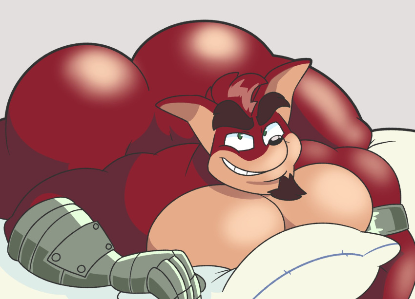 1boy activision anthro ass ass_up bandicoot bara bed big_ass big_butt bubble_ass bubble_butt butt colelucario crash_(series) crunch_bandicoot facial_hair flirting flirting_with_viewer fur furniture furry furry_only gay goatee green_eyes hi_res huge_butt huge_pecs lying male male_only mammal marsupial metal_arm muscular muscular_male nude on_front pillow red_body red_fur robotic_arm seductive_smile simple_background smile smiling_at_viewer solo teeth video_games yaoi