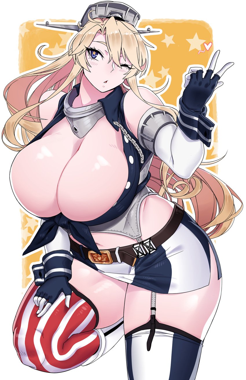 american_flag_legwear asymmetrical_legwear bangs blonde_hair blue_eyes breasts busty chains cleavage elbow_gloves enormous_breasts female fingerless_gloves flag_print front-tie_top garter_straps gloves hair_between_eyes highres huge_breasts iowa_(kantai_collection) kantai_collection long_hair looking_at_viewer massive_breasts master_cake miniskirt mismatched_legwear navel one_eye_closed plump sidelocks skirt solo standing standing_on_one_leg star-shaped_pupils star_(symbol) striped striped_legwear symbol-shaped_pupils thick_thighs thighhighs thighs vertical-striped_legwear vertical_stripes voluptuous