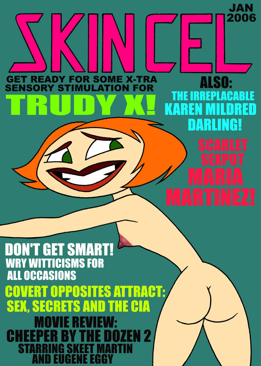 1girls 2006 ass breasts english_text female female_only green_eyes looking_back magazine_cover milf nervous_smile nickelodeon nipple nude nude_female orange_hair pinup rear_view short_hair small_breasts smile solo the_x's toonytease trudy_x