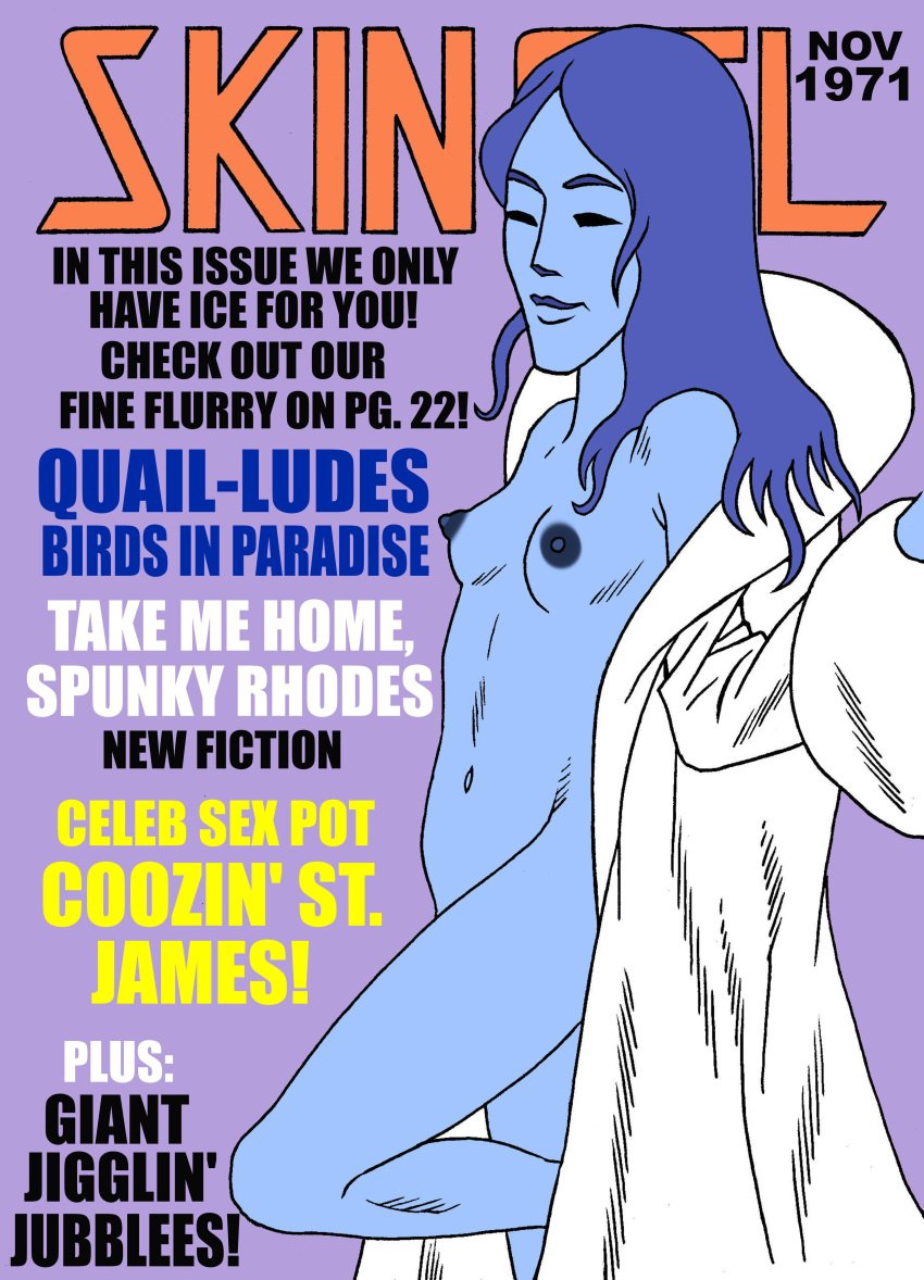 1girls 2021 70's_theme blue_hair blue_skin character_request closed_eyes copyright_name english_text fake_cover fake_magazine fake_magazine_cover female female_only functionally_nude functionally_nude_female long_hair magazine november open_clothes open_robe simple_background skincel small_breasts solo toonytease white_robe