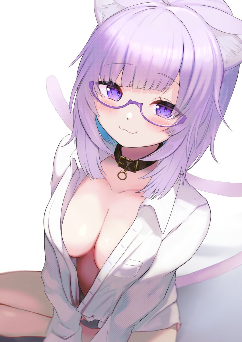 absurdres ahoge animal_ear_fluff animal_ears bangs black_choker blush breasts buket_pudding_i cat_ears cat_girl cat_tail choker cleavage collarbone female glasses highres hololive hololive_gamers hololive_japan large_breasts long_sleeves looking_at_viewer nekomata_okayu no_pants panties purple-framed_eyewear purple_eyes purple_hair shirt solo tail underwear virtual_youtuber white_shirt