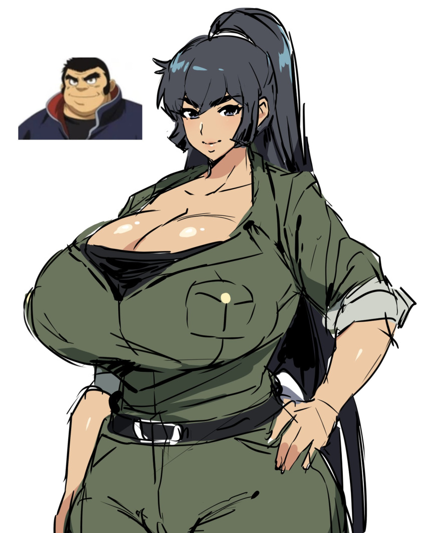 belt benkei_kuruma big_breasts black_eyes black_hair blush bodysuit cleavage genderswap_(mtf) getter_robo getter_robo_armageddon hair_tie hand_on_hip jumpsuit lips long_hair milf military military_uniform ponytail rule_63 sideburns t-shirt thick_thighs thirty_8ght wide_hips