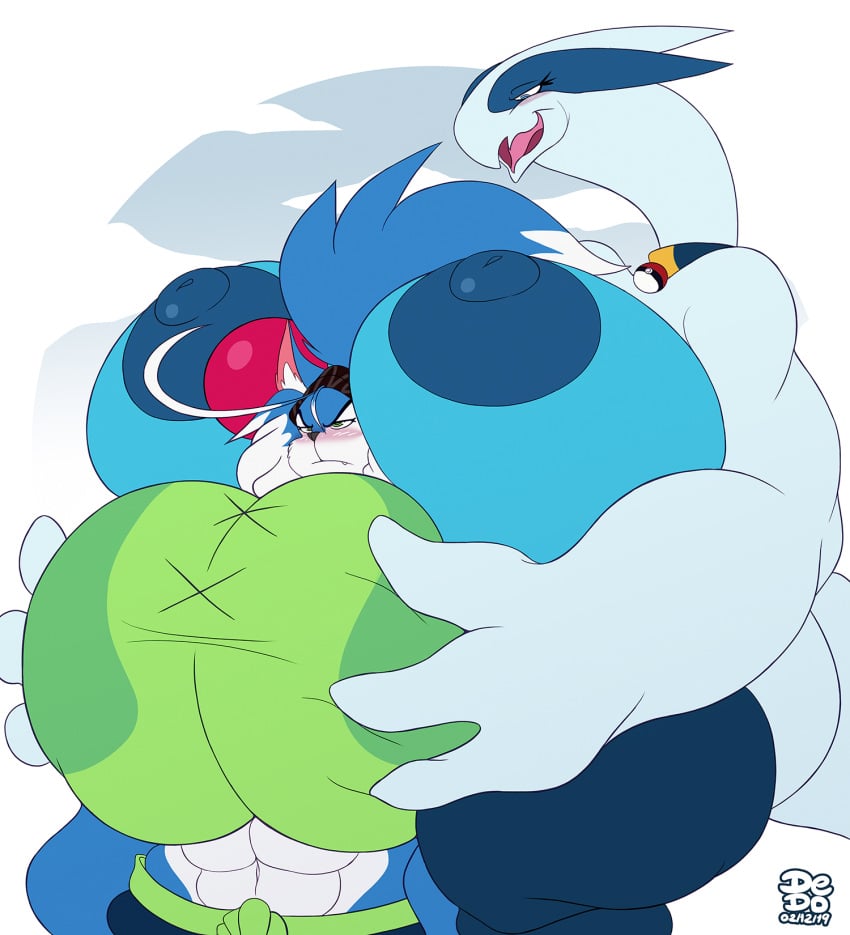 2019 abs anthro areola big_breasts blue_eyes blush breast_size_difference breasts canid canine canis collar dedoarts duo female female/female green_eyes hi_res huge_breasts hyper hyper_breasts legendary_pokémon lionalliance lugia mammal nintendo nipples open_mouth original original_character poke_ball poke_ball_collar pokemon pokemon_(species) ryka video_games wolf yuri