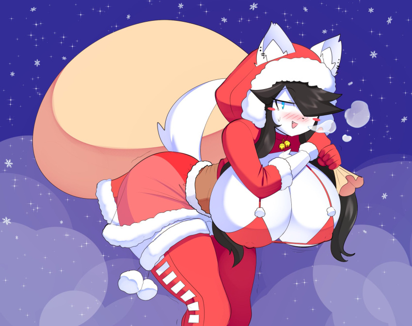 1girls 2021 big_breasts black_hair blue_eyes blush breasts canine canine_humanoid christmas cleavage clothing dog_ears dog_tail furry hair_over_one_eye huge_breasts long_hair maggie_applebee one_eye_covered snowing tail theycallhimcake thighhighs white_body white_fur