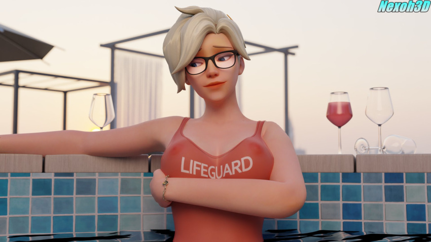 16:9 1girls 3d angela_ziegler big_breasts blizzard_entertainment breast_lift breasts exposed_breasts exposed_nipples female female_only glasses lifeguard lifeguard_mercy mercy nexoh3d nude overwatch pool solo wine_glass