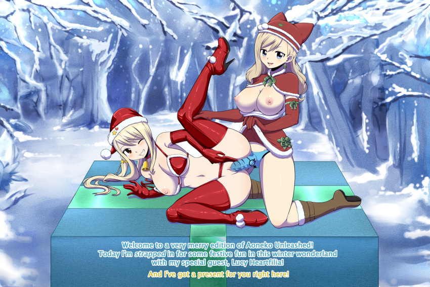 b-cube b_cube big_breasts blonde_hair blue_eyes brown_eyes christmas crossover dialogue dildo edens_zero english_text fairy_tail happy_(edens_zero) happy_strappy jegc lotus_position lucy_heartfilia missionary_position oppai penetration pussy pussy_juice rebecca_bluegarden santa_costume santa_hat sex_toy snow strap-on yuri