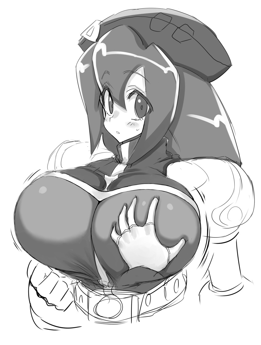 1boy 1girls beret big_breasts black_and_white blush breast_grab desuroguma female female_focus grabbing grabbing_breasts huge_breasts iris_(mega_man) looking_at_viewer male male_pov mega_man mega_man_x pov reploid robot robot_boy robot_girl shaded sweat sweatdrop tagme white_gloves