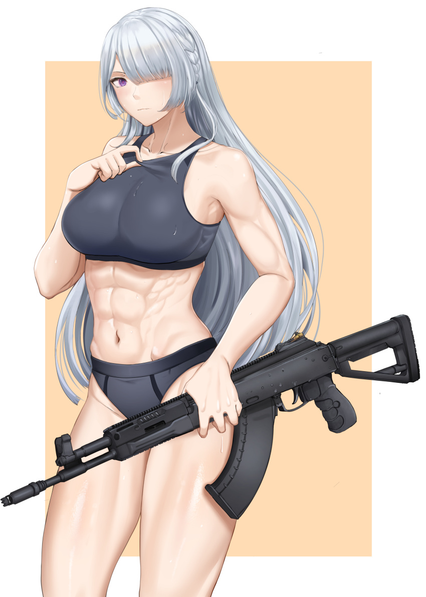 abs absurdres ak-15 ak-15_(girls'_frontline) assault_rifle bra chiyo_goya collarbone female girls'_frontline grey_bra grey_hair grey_panties gun hair_over_one_eye highres holding holding_gun holding_weapon kalashnikov_rifle long_hair muscular muscular_female navel panties purple_eyes rifle solo underwear very_long_hair weapon