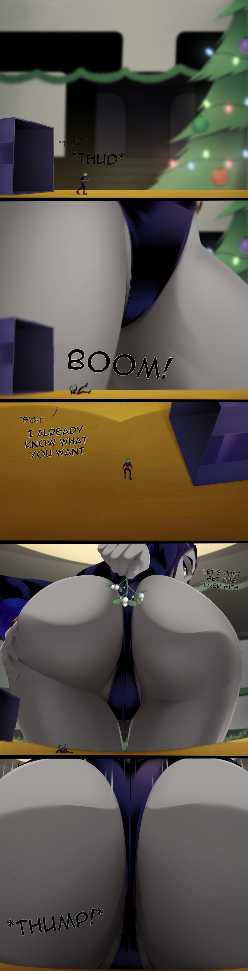 1boy 1girls ass ass_focus beast_boy big_ass butt_crush cameltoe comic dc dc_comics female garfield_logan giantess larger_female looking_back male mistletoe purple_hair rachel_roth raven_(dc) ravenravenraven smaller_male teen_titans