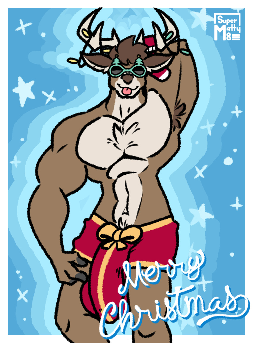 anthro armpit_hair balls big_balls big_penis body_hair capreoline cervid chest_hair christmas dolph_(fortnite) epic_games eyewear fortnite genitals gift hi_res holidays male male_focus mammal muscular muscular_anthro muscular_male penis reindeer solo sunglasses supermattym8 tongue tongue_out video_games wrapped_up