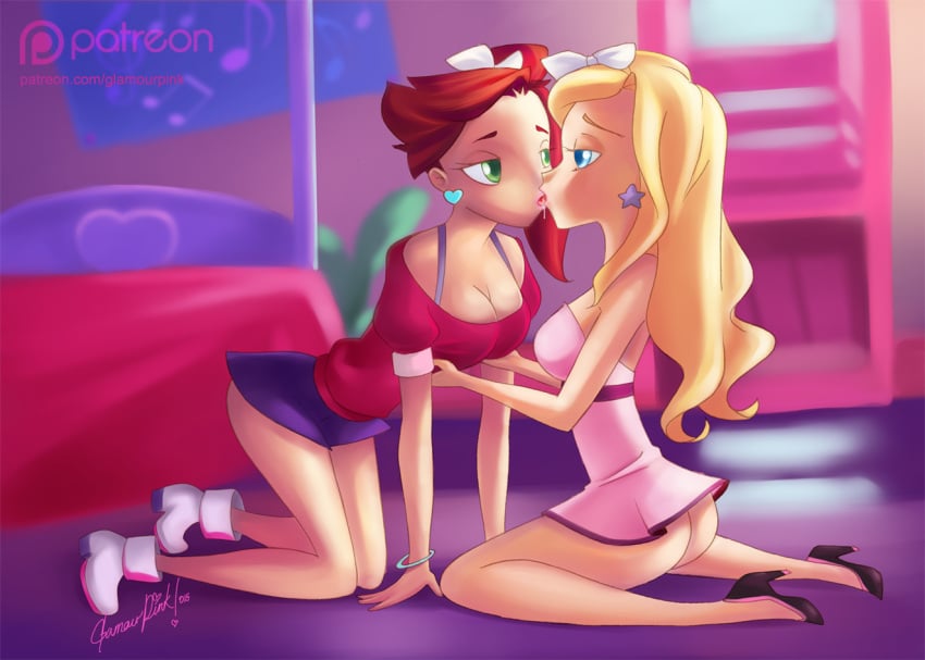 2girls auburn_hair auriana blonde_hair clothed_female female_only french_kiss french_kissing glamourpink iris_(lolirock) lolirock no_panties yuri