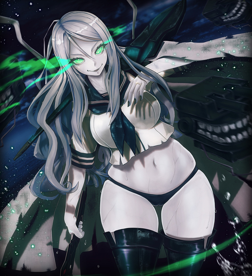 3d absurdres abyssal_ship bangs bare_thighs black_panties boots breasts cameltoe colored_skin curvy custom_maid_3d_2 female ffkw glowing glowing_eyes green_eyes highleg highleg_panties highres holding jewelry kantai_collection long_hair nail_polish navel no_pants open_mouth pale_skin panties ring sailor_collar sailor_shirt shinkaisei-kan shirt skindentation solo string_panties ta-class_battleship thick_thighs thigh_boots underwear water weapon white_skin wide_hips