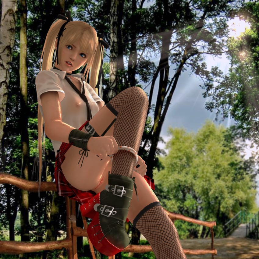 1girls 3d blond_hair blonde_hair blonde_hair_female blue_eyes boots dead_or_alive female female_only fishnet flat_chest flat_chested garter garter_straps hair_decoration hair_ribbon human marie_rose necktie nipples_visible_through_clothing no_bra_under_clothes no_panties outdoors panties_around_one_leg petite petite_body platform_boots school_uniform small_ass small_breasts small_butt small_female solo stockings strawberry_panties strawberry_print tecmo thighhighs tied_hair twintails uncensored upskirt wet_shirt young