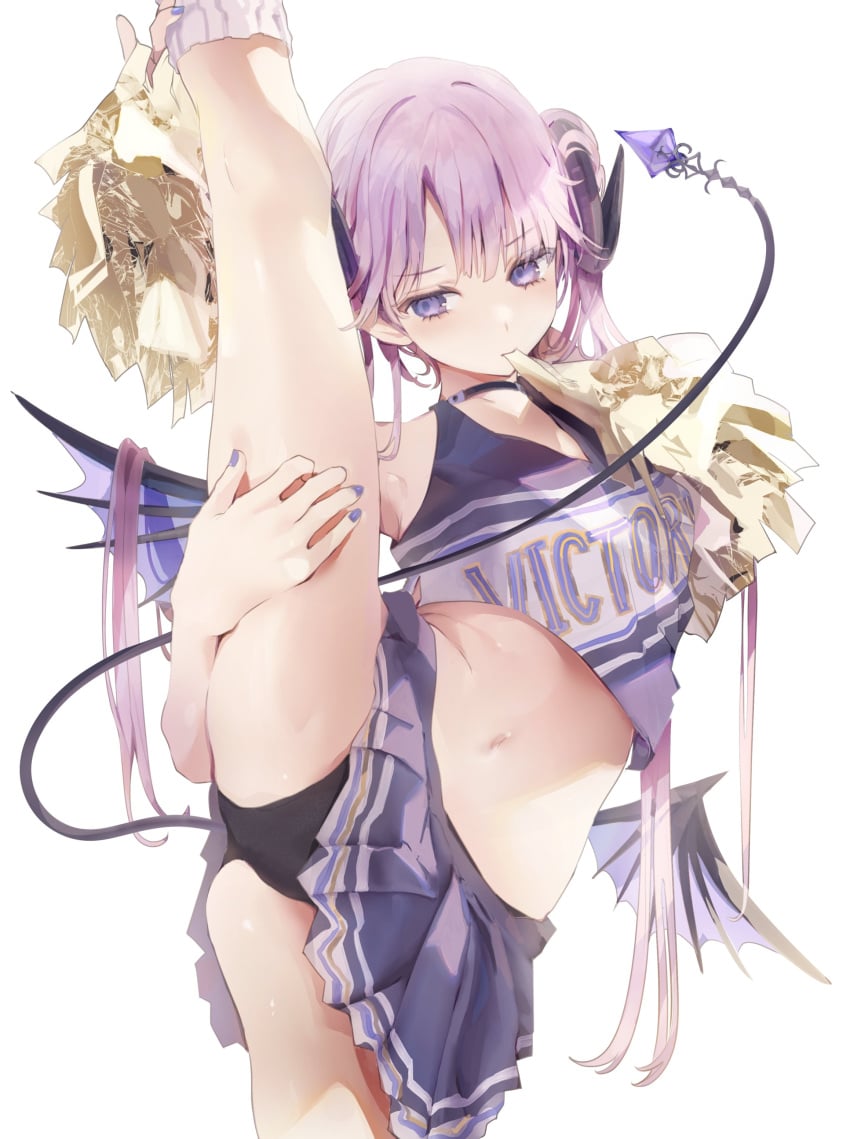 bangs bat_wings black_panties black_underwear cheerleader curled_horns eyebrows_visible_through_hair female female hair_between_eyes hair_flowing_over high_resolution holding_own_foot horns iijima_masashi leg_hold_pose leg_up long_hair midriff mini_wings miniskirt navel original pantsu pixiv_id_4359745 pom_poms purple_eyes purple_hair skirt skirt_lift solo split sportswear standing standing_on_one_leg standing_split tail tied_hair twintails underwear uniform very_high_resolution very_long_hair white_background wings