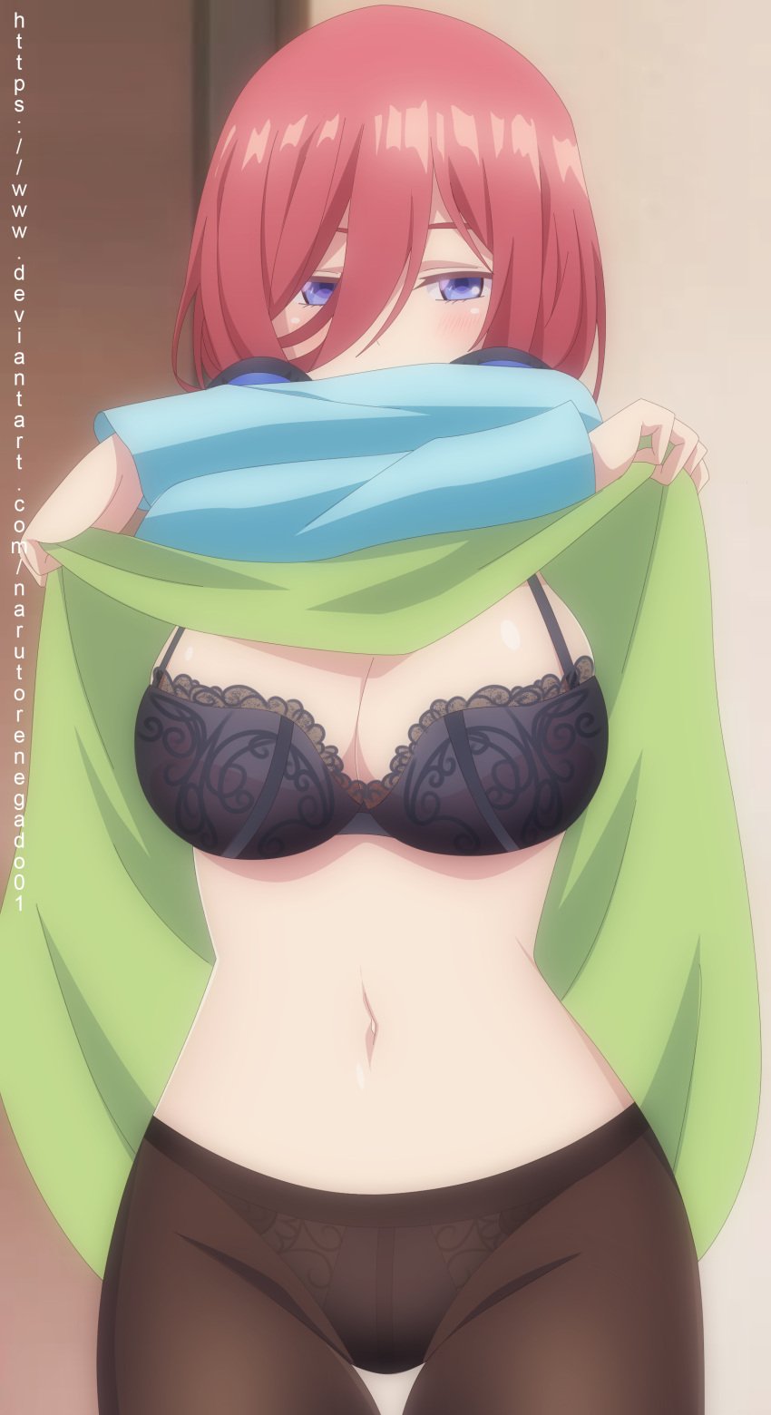 1girls big_breasts blue_cardigan blue_eyes bra breasts breasts_out cardigan cleavage clothed_female clothing clothing_lift crossed_arms curvaceous curvy curvy_female curvy_figure deviantart embarrassed female female_only go-toubun_no_hanayome green_skirt hair_between_eyes headphones headphones_around_neck huge_breasts light-skinned_female light_skin lingerie looking_at_viewer midriff nakano_miku narutorenegado01 navel open_clothes paipan pale-skinned_male pale_skin panties pantyhose pinup red_hair shiny shiny_hair shiny_skin shy skirt skirt_lift solo solo_focus underwear undressing url watermark web_address wide_hips