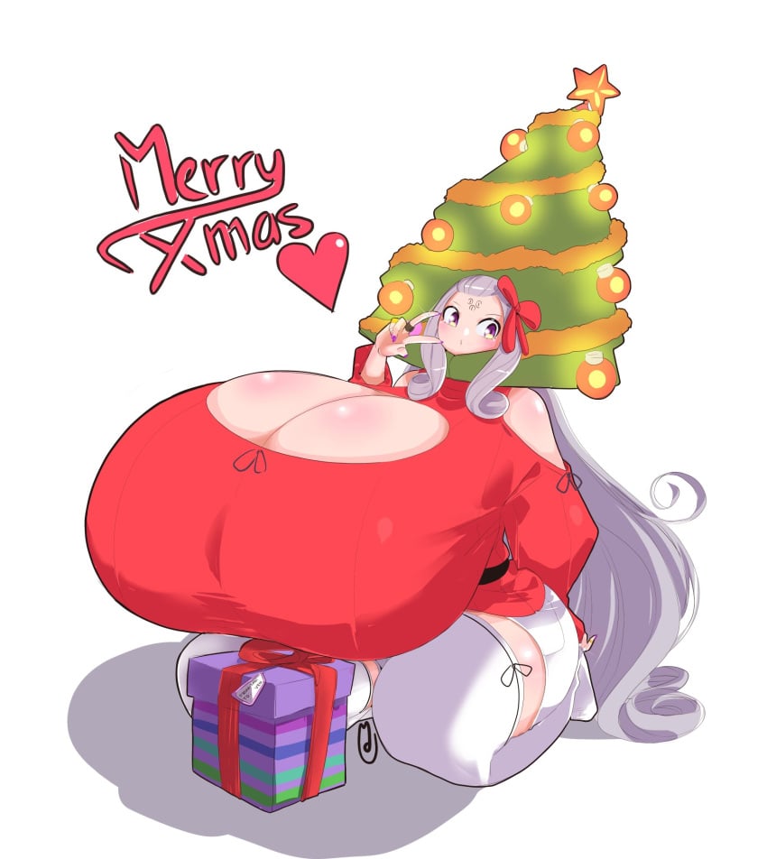 1girls 2021 breasts christmas christmas_tree cleavage female female_focus gift_box gigantic_breasts grey_hair huge_breasts hyper hyper_breasts long_hair looking_at_viewer moimoikha peace_sign purple_eyes simple_background socks solo solo_female solo_focus sweater thigh_socks thighhighs top_heavy venai_(momoikha) white_background