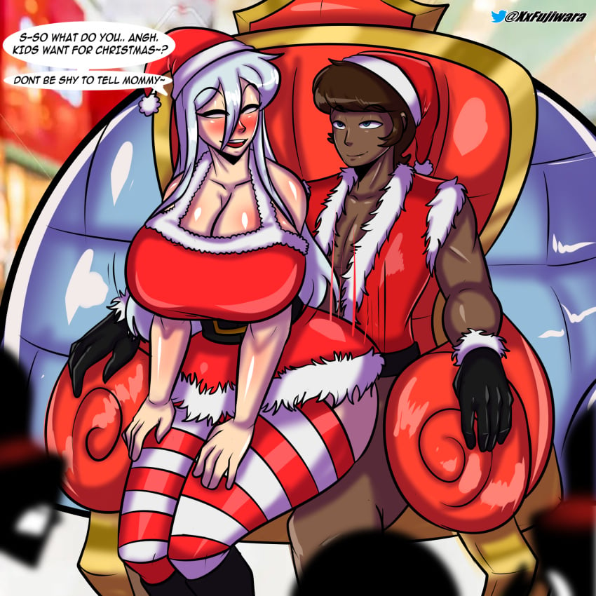 1boy bed bedroom bedroom_eyes big_ass big_breasts big_butt christmas christmas_outfit commission_art dark-skinned_male dark_skin dornva exibitionism female female grin grinning interracial mall milf original_character original_characters pale-skinned_female public public_sex white_hair xxfujiwaraxx