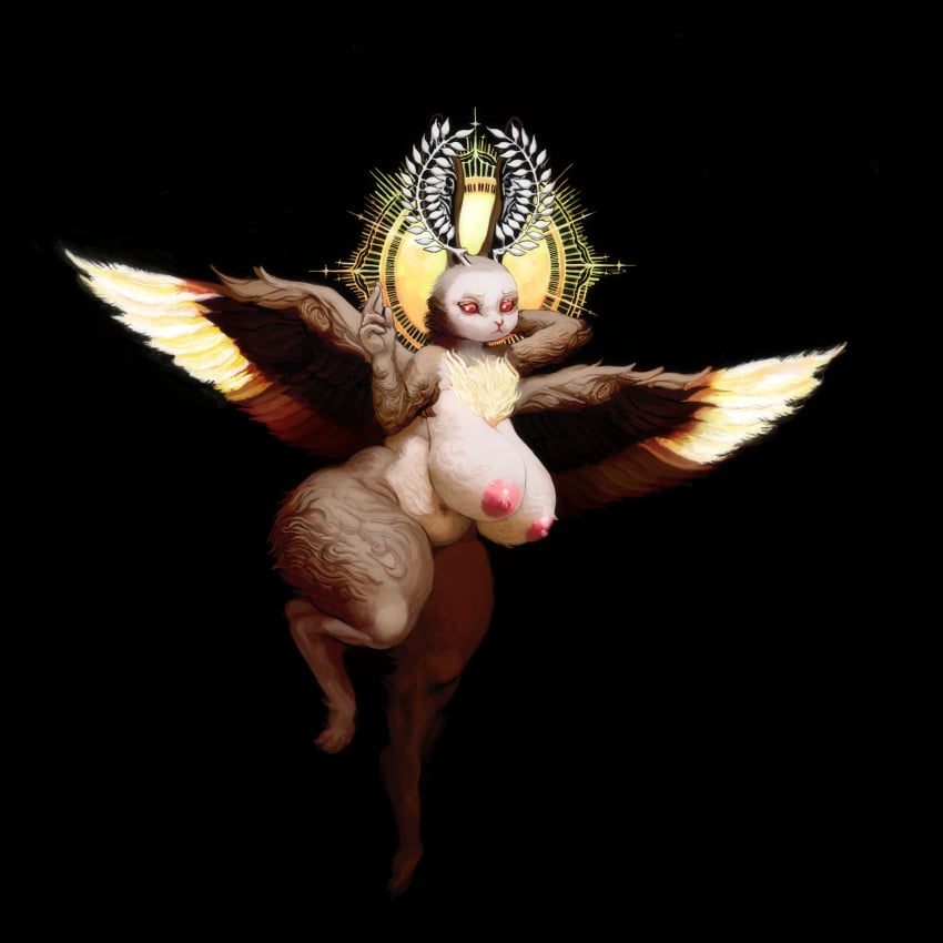 absurd_res angel angelic anthro big_breasts breasts chubby_female feathers female floating fur hi_res hybrid lagomorph leporid looking_at_viewer mammal multicolored_body multicolored_fur nipples pink_nipples qaoxia rabbit red_eyes reminnoir solo thick_thighs two_tone_body two_tone_fur wide_hips wings