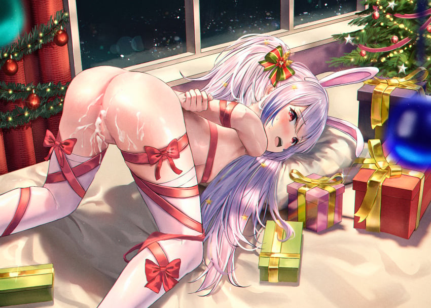 animal_ears ass azur_lane blush bondage bound breasts christmas christmas_tree cum cum_in_pussy cum_on_ass fake_animal_ears female gift highres indoors laffey_(azur_lane) looking_at_viewer medium_breasts naked_ribbon nay night open_mouth original rabbit_ears red_eyes ribbon ribboned_body snow solo sweat thighhighs thighs white_hair window