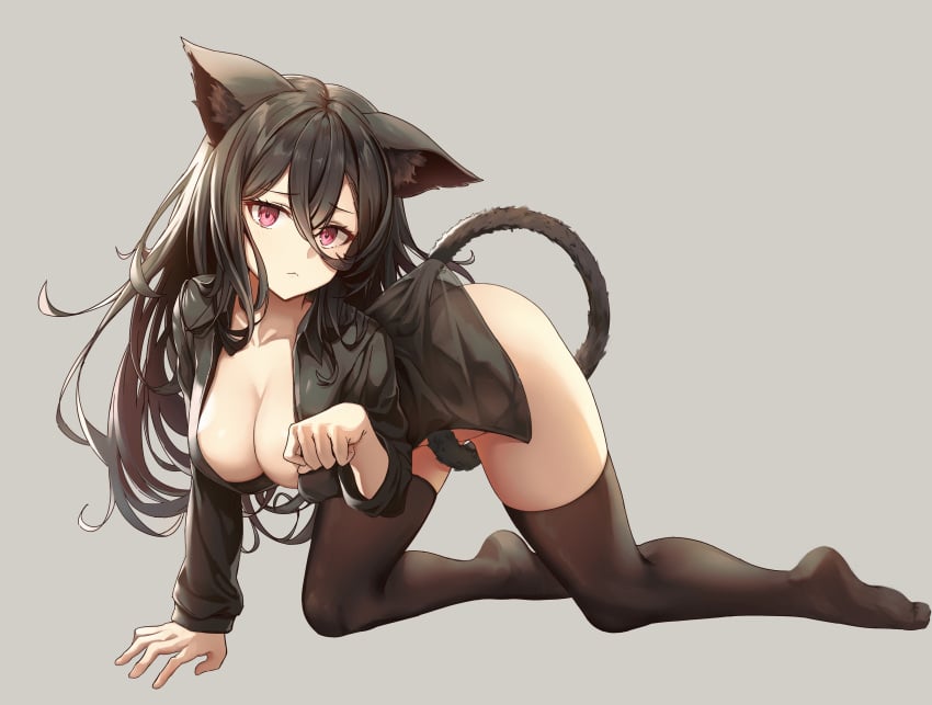 absurdres all_fours animal_ears ass bangs black_hair blush bneoul breasts cleavage collared_shirt feline female frown gokou_ruri highres large_breasts long_hair looking_at_viewer ore_no_imouto_ga_konna_ni_kawaii_wake_ga_nai partially_unbuttoned shirt solo tail thighs