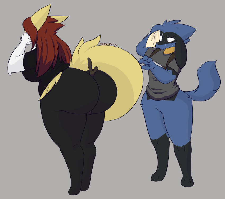 anthro big_ass big_breasts braixen dewwy(dewwydartz) dewwydartz female furry game_freak grey_background huge_ass maddie(dewwydartz) nintendo pokémon_(species) pokemon pokemon_(species) riolu tagme wide_hips