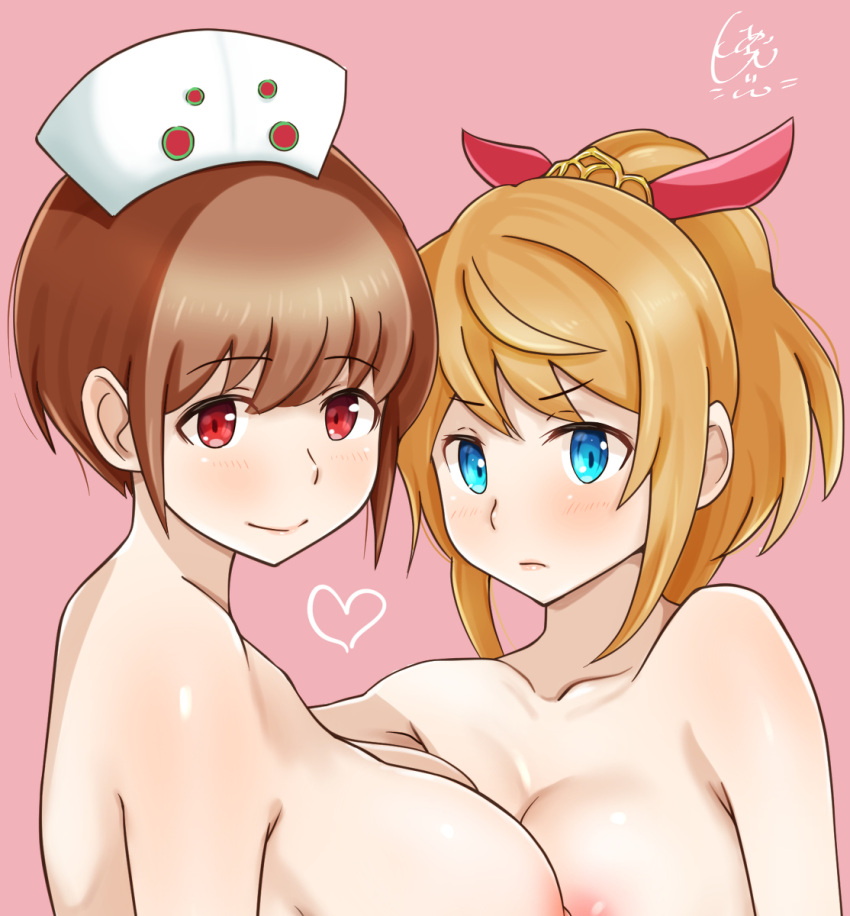 2girls alyssa_(kamihime) areolae artist_request blue_eyes breasts brown_hair convenient_censoring convenient_crop cropped_image hair_ribbon heart kamihime_project kamihime_project_r large_breasts multiple_girls nike_(kamihime) nipples nurse_cap nurse_headwear ponytail red_eyes short_hair smile