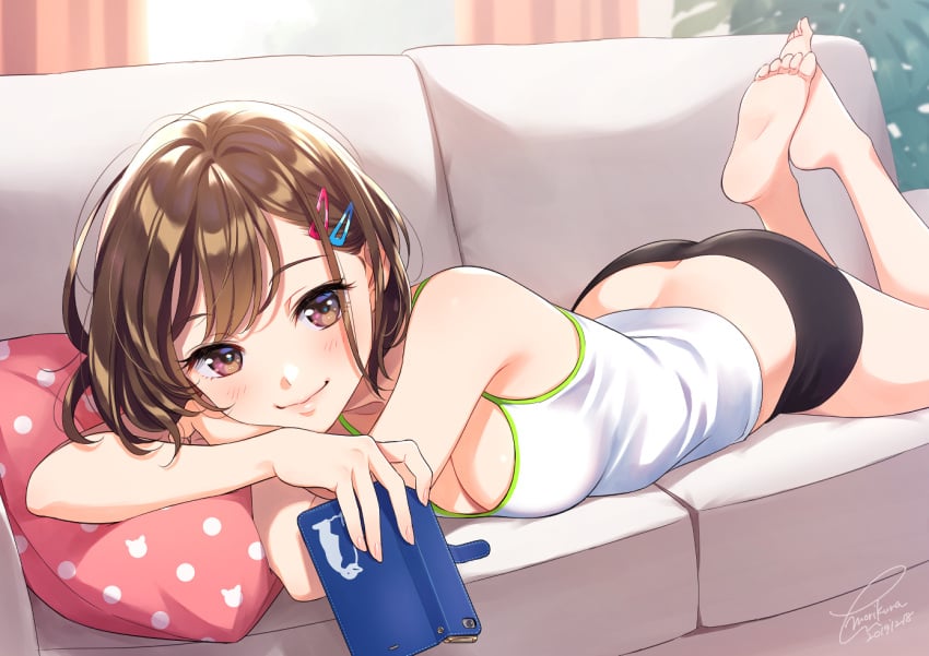 ass ass_cleavage bare_arms bare_shoulders barefoot blush breasts brown_eyes brown_hair butt_crack cellphone cleavage closed_mouth couch feet feet_up female fingernails hair_ornament hairclip hairpin holding holding_cellphone holding_object holding_phone indoors jewelry lying medium_breasts morikura_en nail_polish on_couch on_stomach original phone pillow pink_nails posterior_cleavage short_hair shorts sleeveless smartphone_case smile soles solo spats tank_top the_pose