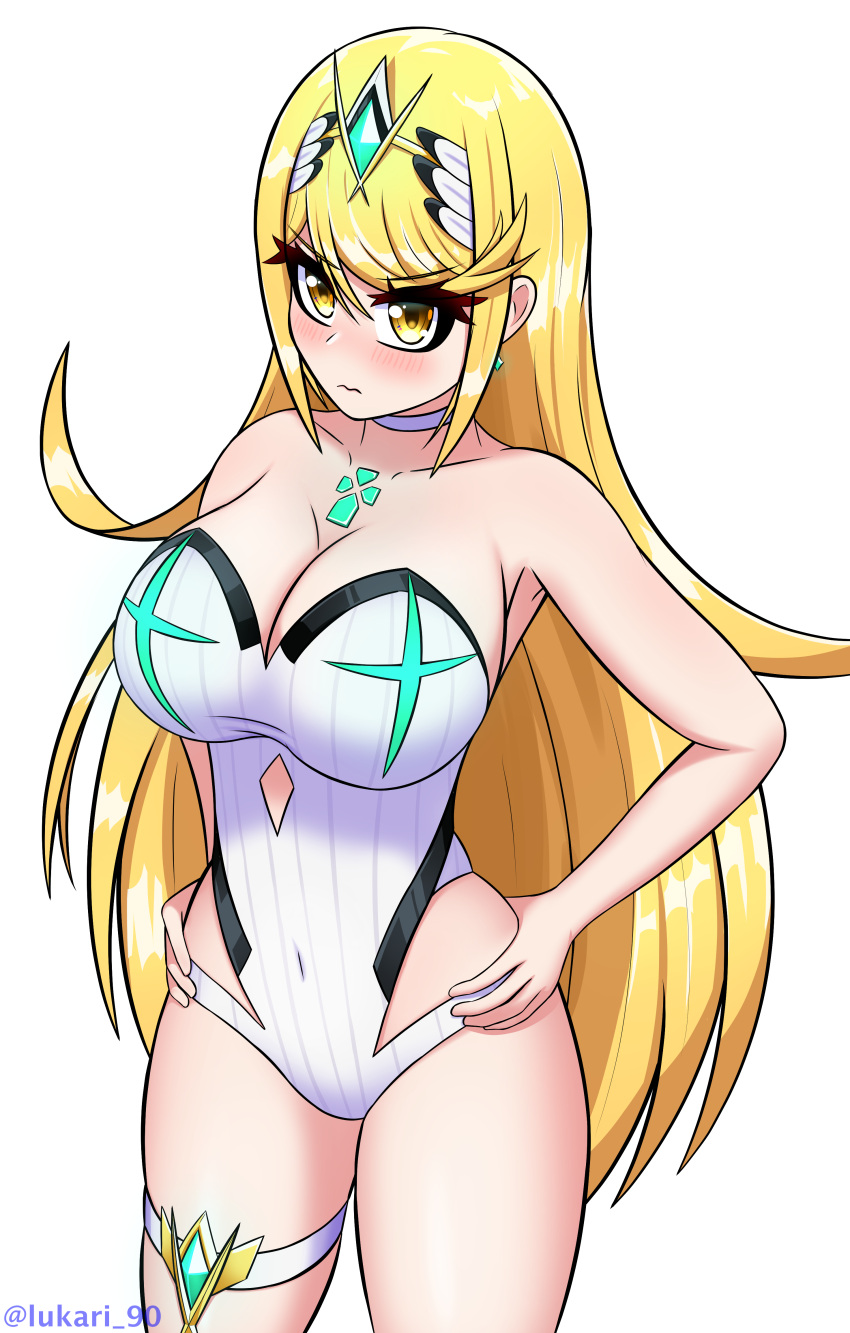 alternate_costume blonde_hair breasts female lukari mythra nintendo solo swimsuit xenoblade_(series) xenoblade_chronicles_2 yellow_eyes