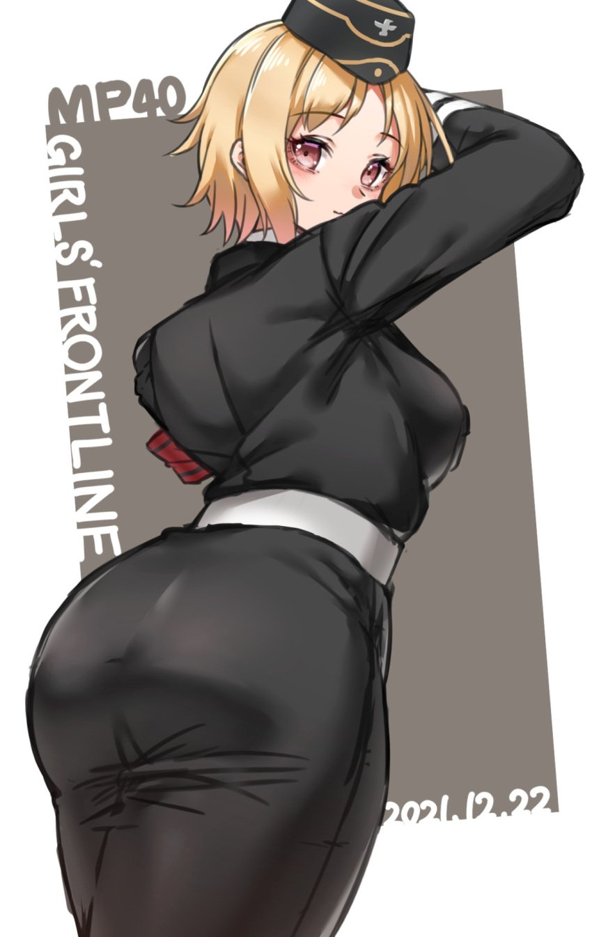 armband ass black_headwear black_jacket black_skirt blonde_hair character_name copyright_name dated female from_behind garrison_cap girls'_frontline hat highres jacket looking_at_viewer military military_hat military_jacket military_uniform mp40_(girls'_frontline) pencil_skirt red_armband short_hair skirt smile solo toryu_fufu uniform wehrmacht yellow_eyes