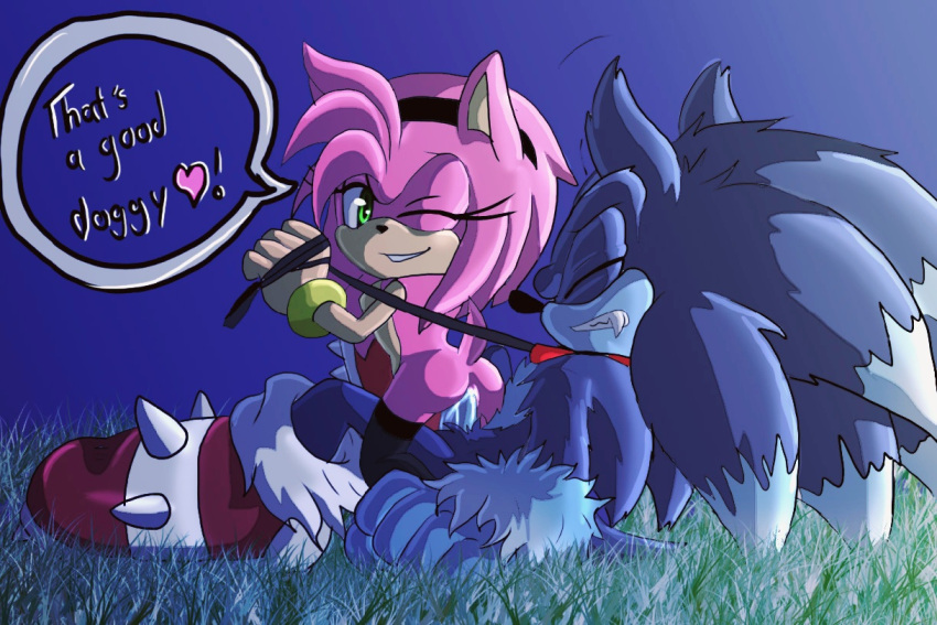 1boy 1boy1girl 1girls 5_fingers amy_rose angelofhapiness anthro black_legwear closed_eyes collar dialog eulipotyphlan fangs female_on_top femdom goth grass green_eyes hairband heart hedgehog laying_down laying_on_back leash legwear looking_back penetration penis petplay pink_fur pink_hair pussy reverse_cowgirl_position sonic_(series) sonic_the_hedgehog sonic_the_werehog stockings straight tail teeth text vagina wink