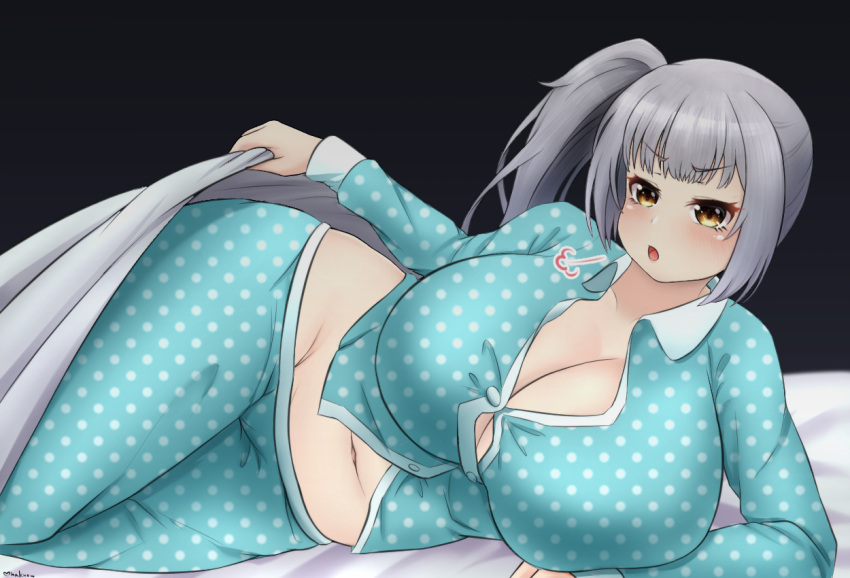 alternate_breast_size bbw bed_invitation blue_pajamas blush breasts curvy eyebrows_visible_through_hair female huge_breasts kantai_collection kasumi_(kantai_collection) mee_don mhaknow navel older pajamas plump side_ponytail silver_hair solo wide_hips yellow_eyes