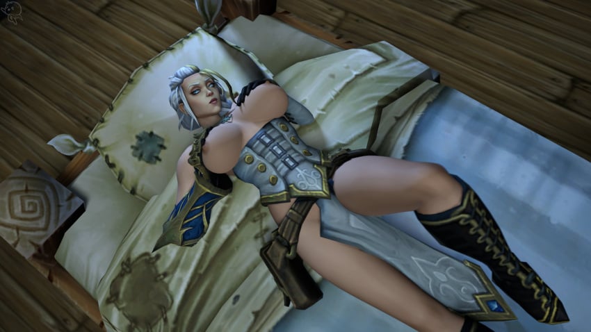 1girls bare_thighs bed bedroom blizzard_entertainment breasts_out human human_(world_of_warcraft) jaina_proudmoore jigglyjelly large_breasts laying_down laying_on_bed light-skinned_female thick_thighs warcraft world_of_warcraft