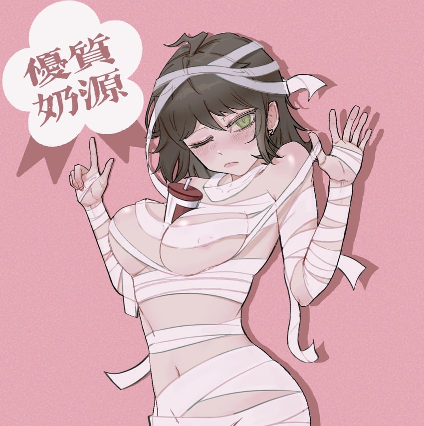 1girls belly_button black_hair blush breasts cup_on_boobs danganronpa danganronpa_2:_goodbye_despair female female_only genderswap genderswap_(mtf) green_eyes hinata_hajime human nipples_visible_through_clothing one_eye_closed pink_background ribbon ribboned_body rule_63 solo solo_female straight_hair underboob white_sclera wrapped