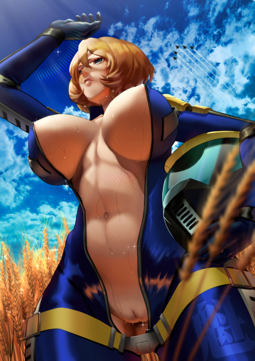 amber_(metal_slug) belt blonde_hair blue_eyes blue_skirt blue_sky bodysuit breasts cloud female helmet highres holding holding_helmet kuiyanxu large_breasts looking_to_the_side metal_slug metal_slug_attack nipples open_clothes pilot_suit pussy short_hair skirt sky solo stomach sweat unzipped unzipped_bodysuit wheat wheat_field