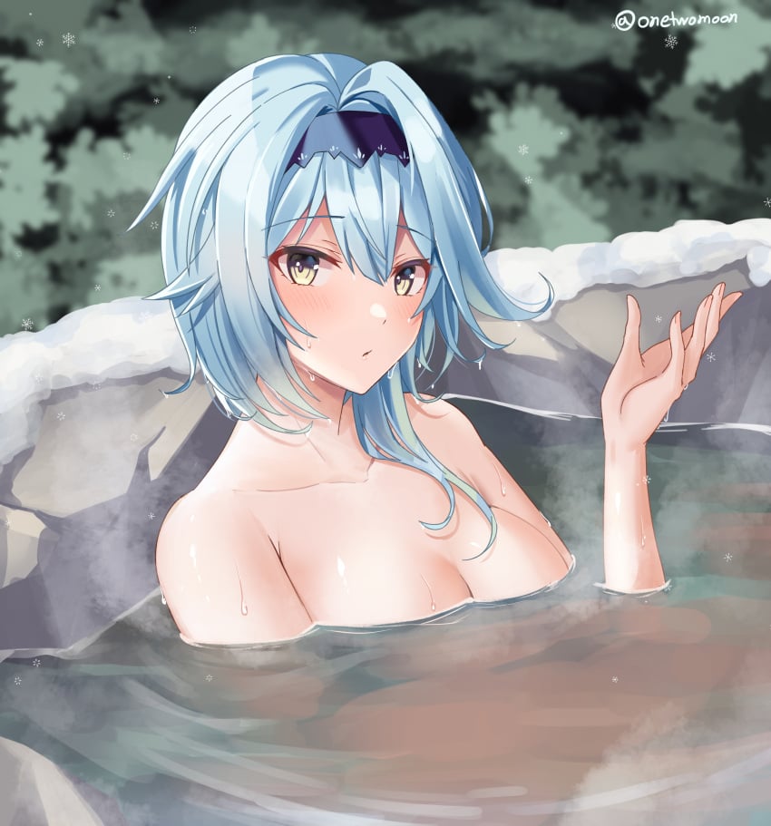 1girls aqua_hair bare_shoulders bathing big_breasts blush breasts collarbone completely_nude convenient_censoring eula_(genshin_impact) female female_only genshin_impact hair_between_eyes hairband hand_up highres hot_spring looking_at_viewer naked nude outdoors pov short_hair sitting snow snowflake solo twomoon water wet wet_hair winter yellow_eyes