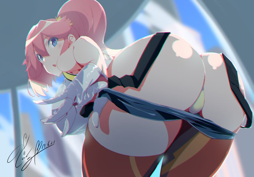 1girls :o aina_ardebit ass ass_focus bent_over blue_eyes blush dat_ass dated from_behind gloves leggings legwear looking_at_viewer looking_back noto_kurumi pink_hair ponytail promare shiny_skin short_shorts shorts shorts_pull side_ponytail solo suspenders thick_thighs thighhighs