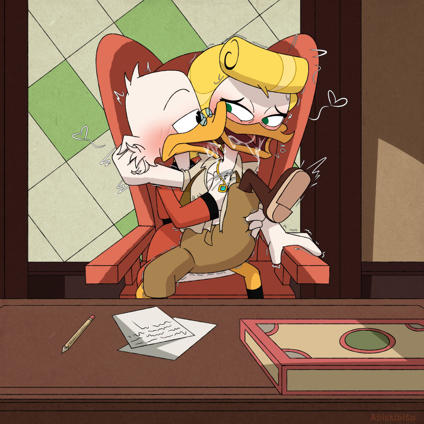 absurd_res anatid anseriform anthro avian beak bird blush bodily_fluids boots breasts chair clothed clothing disney disney_channel disney_xd duck ducktales ducktales_(2017) duo female footwear furniture goldie_o'gilt hand_on_breast hi_res kissing_cheek licking male male/female office_chair raised_leg saliva scroldiensfw scrooge_mcduck sex tongue tongue_out