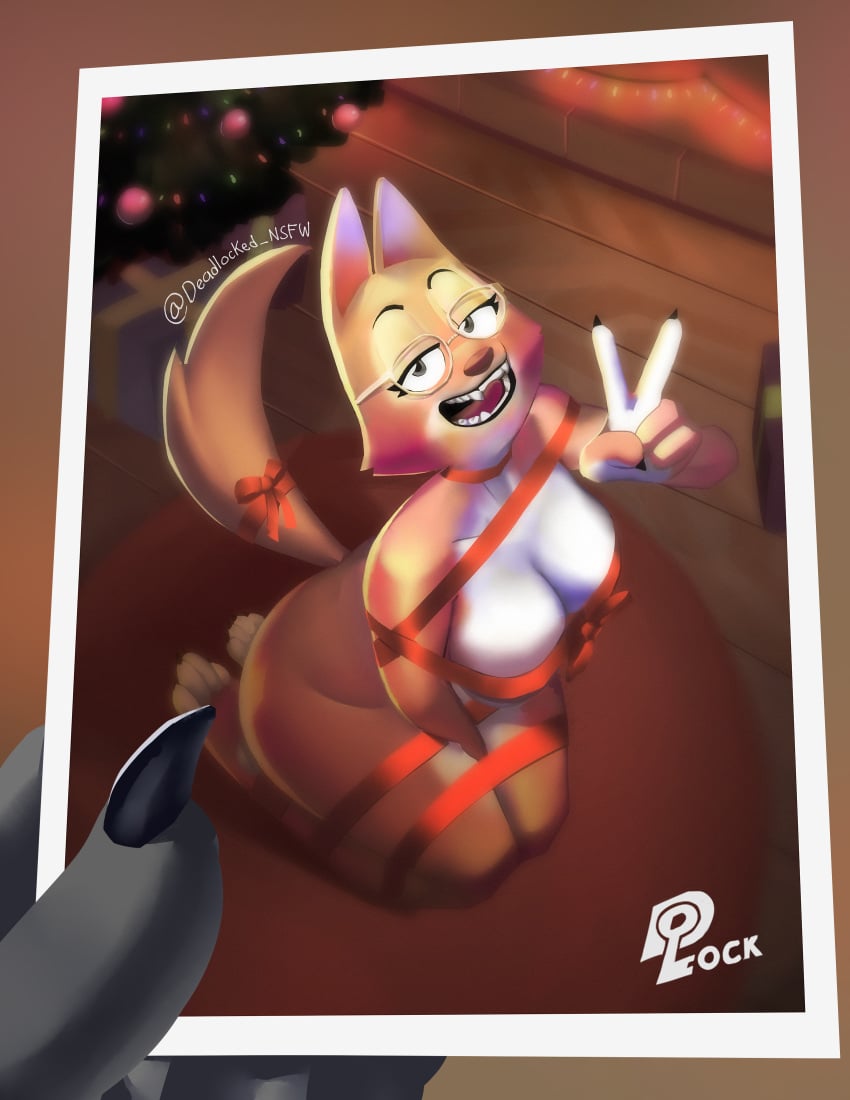 absurd_res anthro big_breasts bondage bound breasts canid canine christmas diane_foxington dreamworks duck_lock eyewear female fox glasses hi_res holidays mammal plant pov ribbons solo the_bad_guys thick_thighs tree