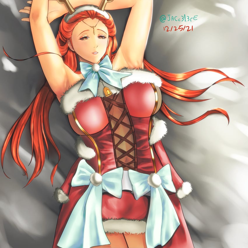 1girls alternate_costume antlers armpits arms_up ashunera_(fire_emblem) bare_thighs breasts christmas christmas_outfit female_only fire_emblem fire_emblem:_radiant_dawn grin jyx3 large_breasts long_hair looking_at_viewer midriff nintendo orange_eyes orange_hair see-through smile solo thighs