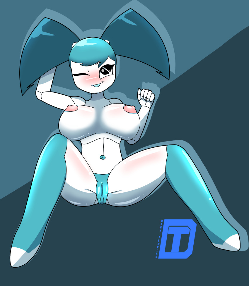 blue_hair blush cameltoe darktemplar2 female huge_breasts jenny_wakeman my_life_as_a_teenage_robot nickelodeon robot robot_girl smooth_skin solo spread_legs wink xj-9