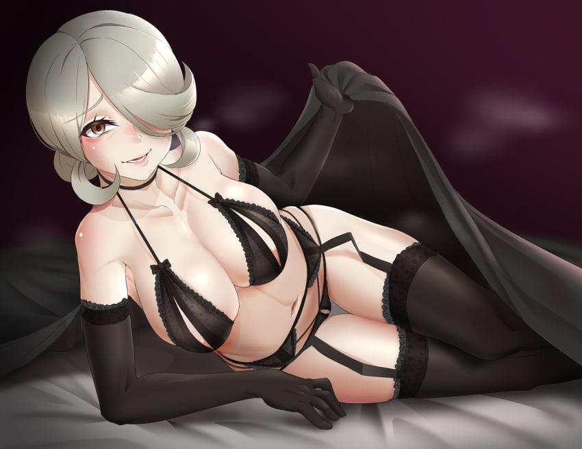 1girls areola_slip areolae armwear big_breasts black_bra black_gloves black_panties bra breasts brown_eyes c_take0141 cleavage cogita_(pokemon) elbow_gloves female female_only game_freak garter_belt garter_straps gloves hair hair_over_one_eye huge_breasts inviting inviting_under_covers lace lace-trimmed_bra lace-trimmed_gloves lace-trimmed_panties lace-trimmed_thighhighs lace_trim legwear looking_at_viewer mature mature_female mature_woman milf on_bed panties pokemon pokemon_legends:_arceus sheets smile solo solo_female thick_thighs thighhighs thighs white_hair