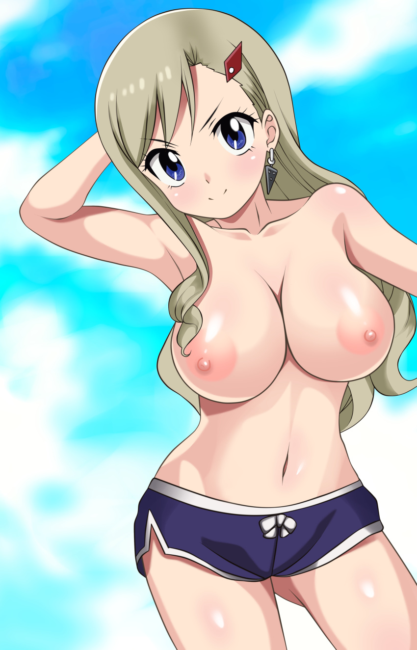 1girls absurdres achmad_faisal blonde_hair blue_eyes blue_sky breasts edens_zero female hair_ornament highres jewelry large_breasts looking_at_viewer navel nipples nude rebecca_bluegarden shorts sky solo standing