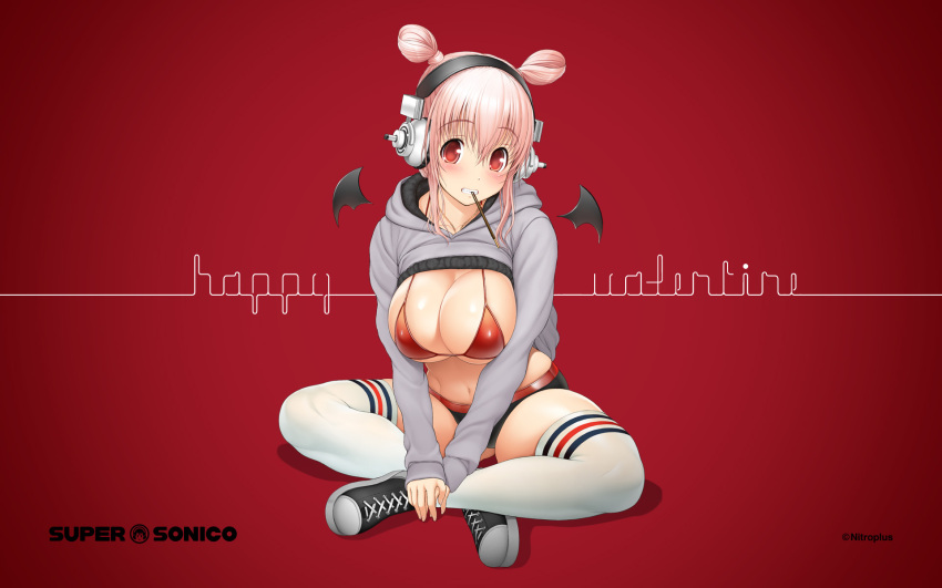 1girls alternate_hairstyle black_panties blush cleavage converse demon demon_girl demon_wings food grey_sweater hair_bun headphones huge_breasts leggings looking_at_viewer navel nitroplus open_mouth panties pink_hair pocky red_background red_bikini red_eyes simple_background sitting smile socks solo stockings succubus super_sonico sweater teeth thighhighs tsuji_santa valentine's_day