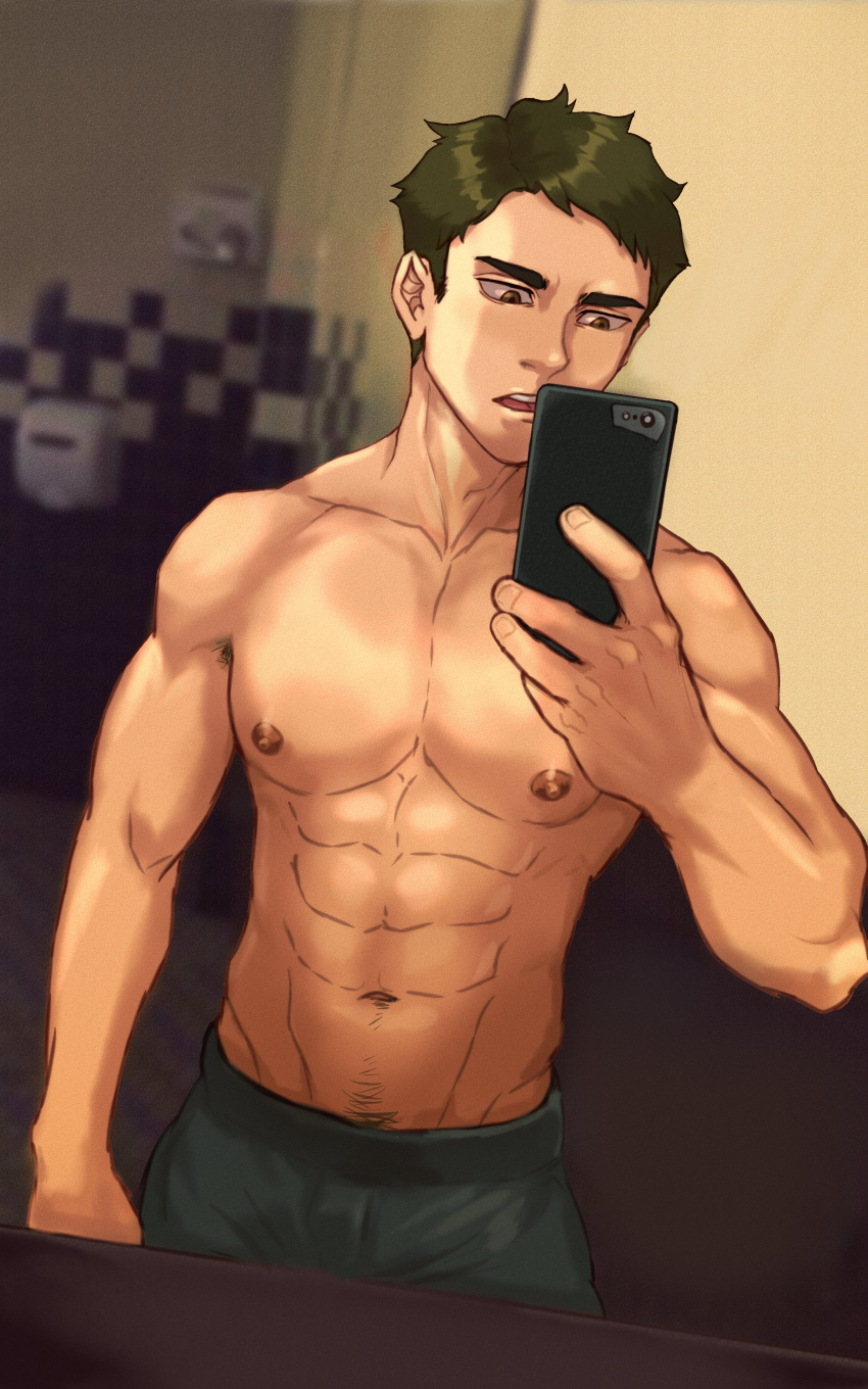 1boy abs bathroom brown_eyes brown_hair haikyuu!! male_only mirror_selfie olive_eyes olive_hair sweatpants topless treasure_trail ushijima_wakatoshi zumiiwa