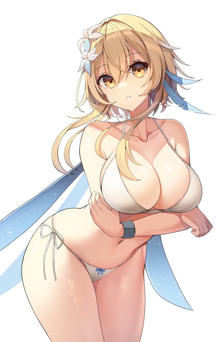 1girls absurd_res arched_back arm_under_breasts arms_under_breasts bangs bare_shoulders belly_button big_breasts bikini bikini_bottom bikini_top blonde blonde_hair breasts cleavage collarbone female flower flower_in_hair genshin_impact hair_between_eyes hi_res highres huge_breasts large_breasts leaning_forward looking_at_viewer lumine_(genshin_impact) midriff plain_background shiny_skin short_hair shoulders simple_background sob_(submar1089) solo thick thick_thighs thighs thong_bikini white_background white_bikini white_bikini_bottom white_bikini_top yellow_eyes