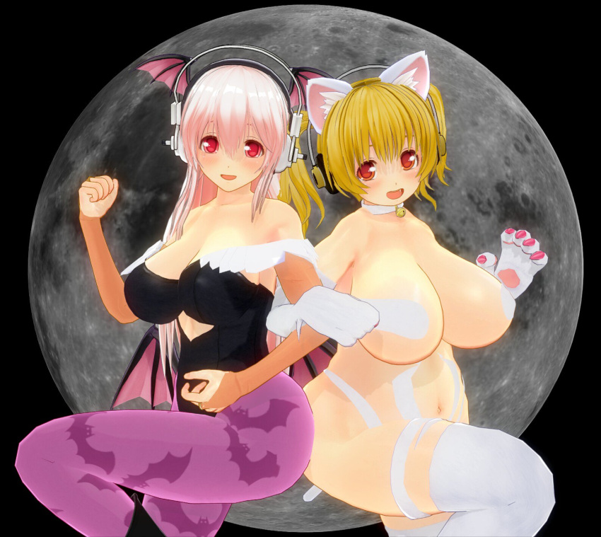 2girls 3d black_background blonde_hair blush cat_ears cat_tail catgirl claws cleavage clothing collar cosplay covered_nipples custom_maid_3d_2 darkstalkers demon demon_girl demon_tail demon_wings duo felicia_(darkstalkers)_(cosplay) gloves headphones huge_breasts large_breasts leggings long_hair looking_at_viewer moon morrigan_aensland_(cosplay) mouth_open navel night nitroplus pink_hair red_eyes sfm simple_background smile succubus super_pochaco super_sonico tail tongue twintails uld_macaron vampire_(game)