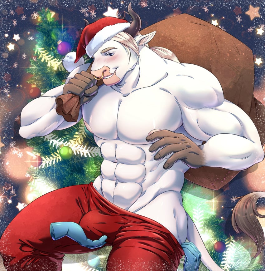 2020 5_fingers abs anthro blush bottomwear bovid bovine bulge carrying carrying_over_shoulder cattle christmas christmas_clothing christmas_headwear christmas_tree clothed clothing digital_media_(artwork) disembodied_hand facial_piercing fingers fur gorillaprutt grope hair hand_on_bulge hat headgear headwear hi_res holding_sack holidays horn humanoid_hands ludwig_bullworth_jackson ludwig_bullworth_jackson_(copyright) male mammal muscular muscular_anthro muscular_male navel nipples nose_piercing nose_ring pants pecs piercing plant sack santa_hat septum_piercing smile solo topless topless_male tree white_body white_fur white_hair